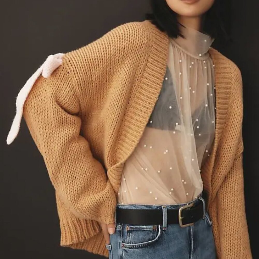 Maeve by Anthropologie Tan Chunky Bow Cardigan Sweater - Size - O/S